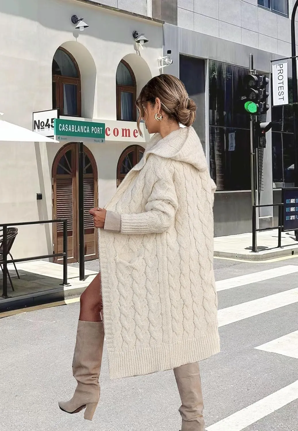 Women's Hooded Open Front Long Cardigan Cable Knit Sweaters Side Pocket Oversized Chunky Cardigan Outwear Coat