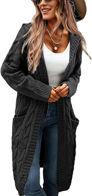 Women's Hooded Open Front Long Cardigan Cable Knit Sweaters Side Pocket Oversized Chunky Cardigan Outwear Coat