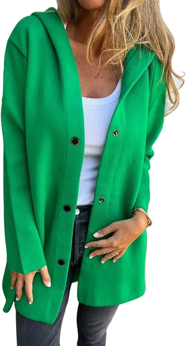 Womens Jackets Casual Single Breasted Hooded Jacket Lapel Neck Long Sleeve Solid Color Trench Coat for Women 2024