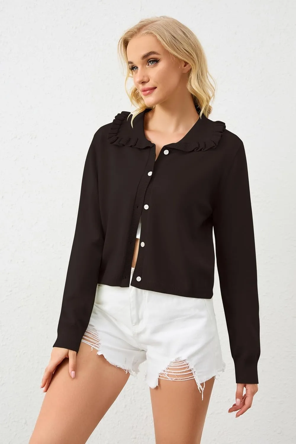 Women's Lapel Knitted Long Sleeve Cropped Cardigan Button Ruffle Collar Sweaters Trendy Fall Winter Outwear Coats