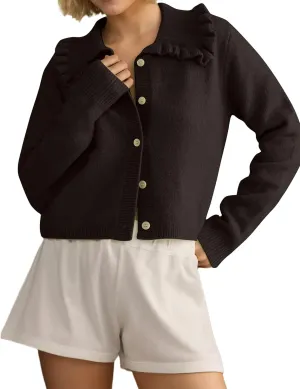 Women's Lapel Knitted Long Sleeve Cropped Cardigan Button Ruffle Collar Sweaters Trendy Fall Winter Outwear Coats