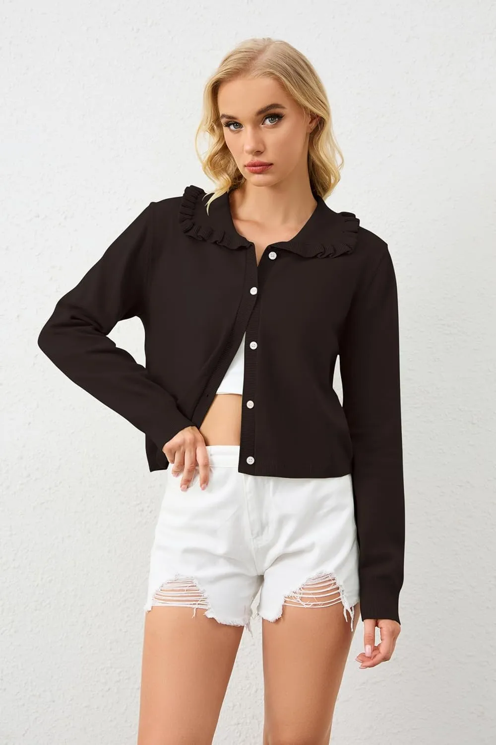 Women's Lapel Knitted Long Sleeve Cropped Cardigan Button Ruffle Collar Sweaters Trendy Fall Winter Outwear Coats