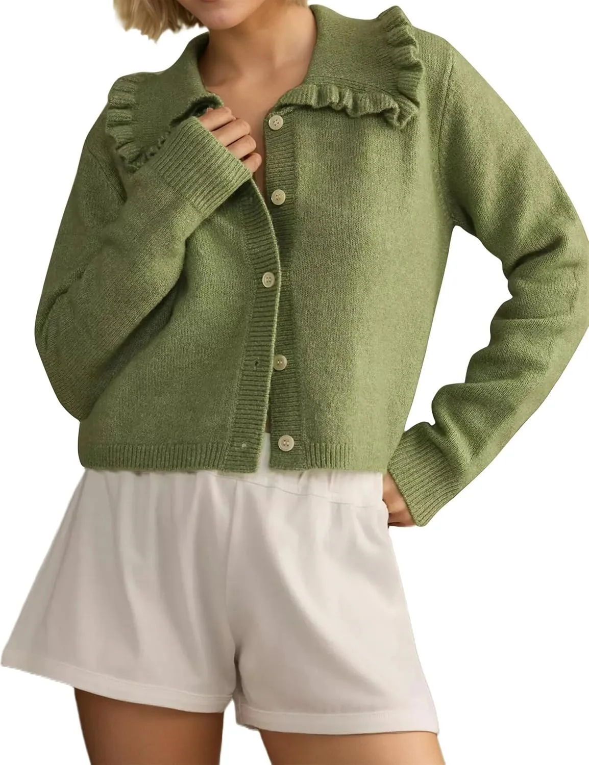 Women's Lapel Knitted Long Sleeve Cropped Cardigan Button Ruffle Collar Sweaters Trendy Fall Winter Outwear Coats