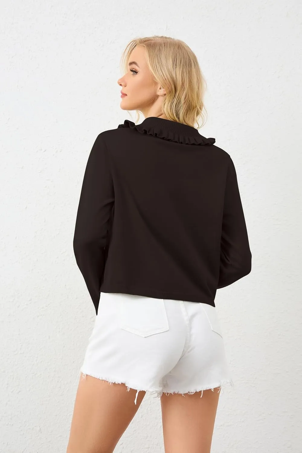 Women's Lapel Knitted Long Sleeve Cropped Cardigan Button Ruffle Collar Sweaters Trendy Fall Winter Outwear Coats