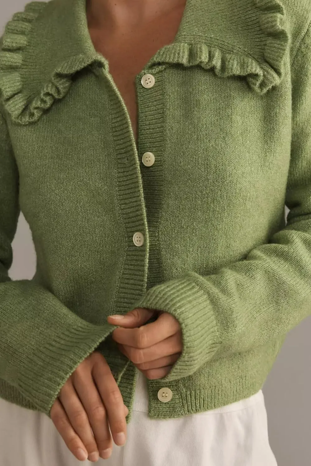 Women's Lapel Knitted Long Sleeve Cropped Cardigan Button Ruffle Collar Sweaters Trendy Fall Winter Outwear Coats