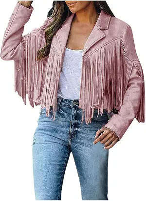 Women's Leather Jacket Faux Suede Fringe Jacket Fall Long Sleeve Lapel Vintage Coats Open Front Tassel Cardigan