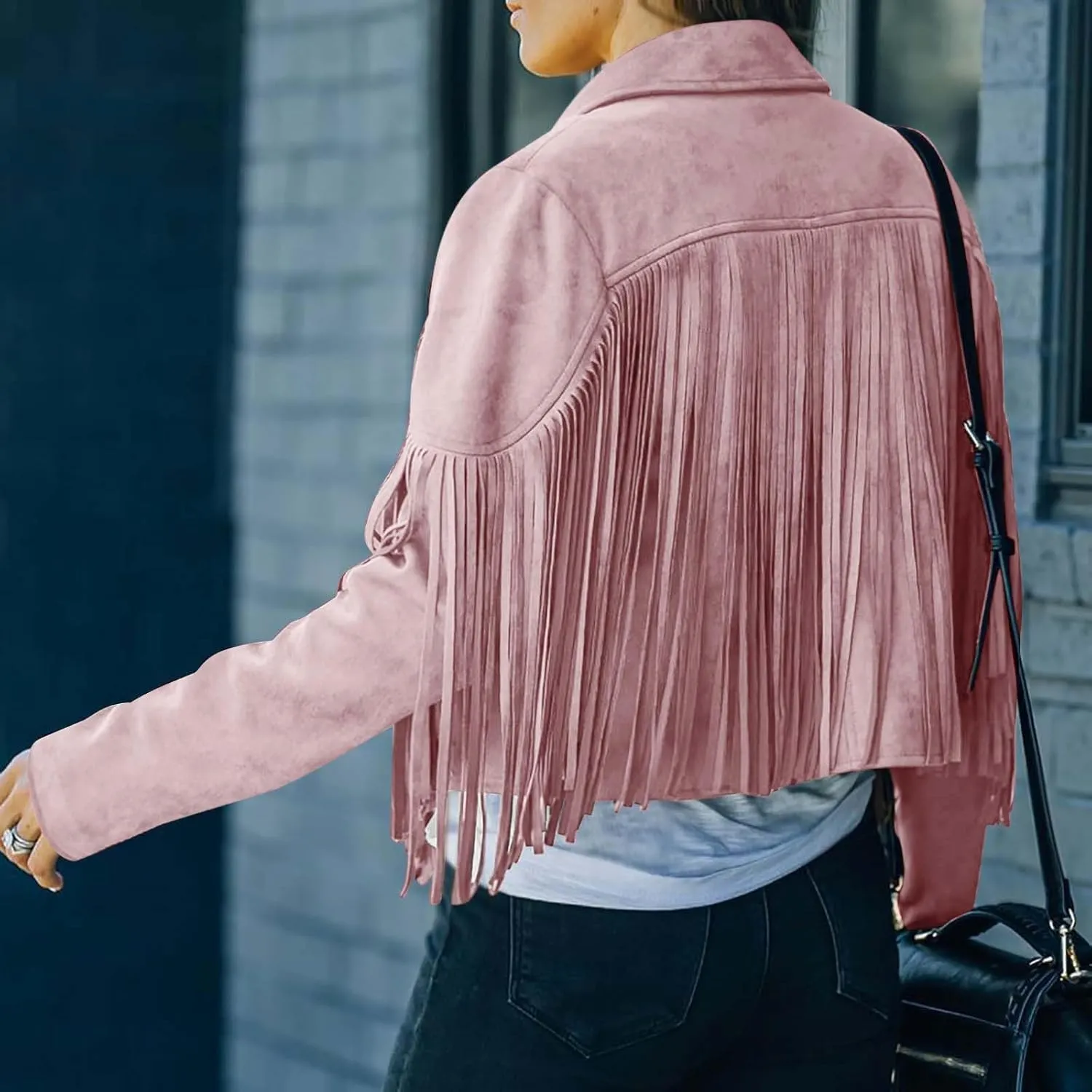 Women's Leather Jacket Faux Suede Fringe Jacket Fall Long Sleeve Lapel Vintage Coats Open Front Tassel Cardigan