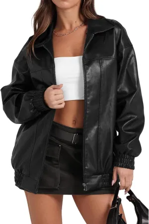 Womens Leather Jacket Oversized Leather Bomber Jackets Faux Suede Fall Fashion Motorcycle Coats Black Biker Outfits