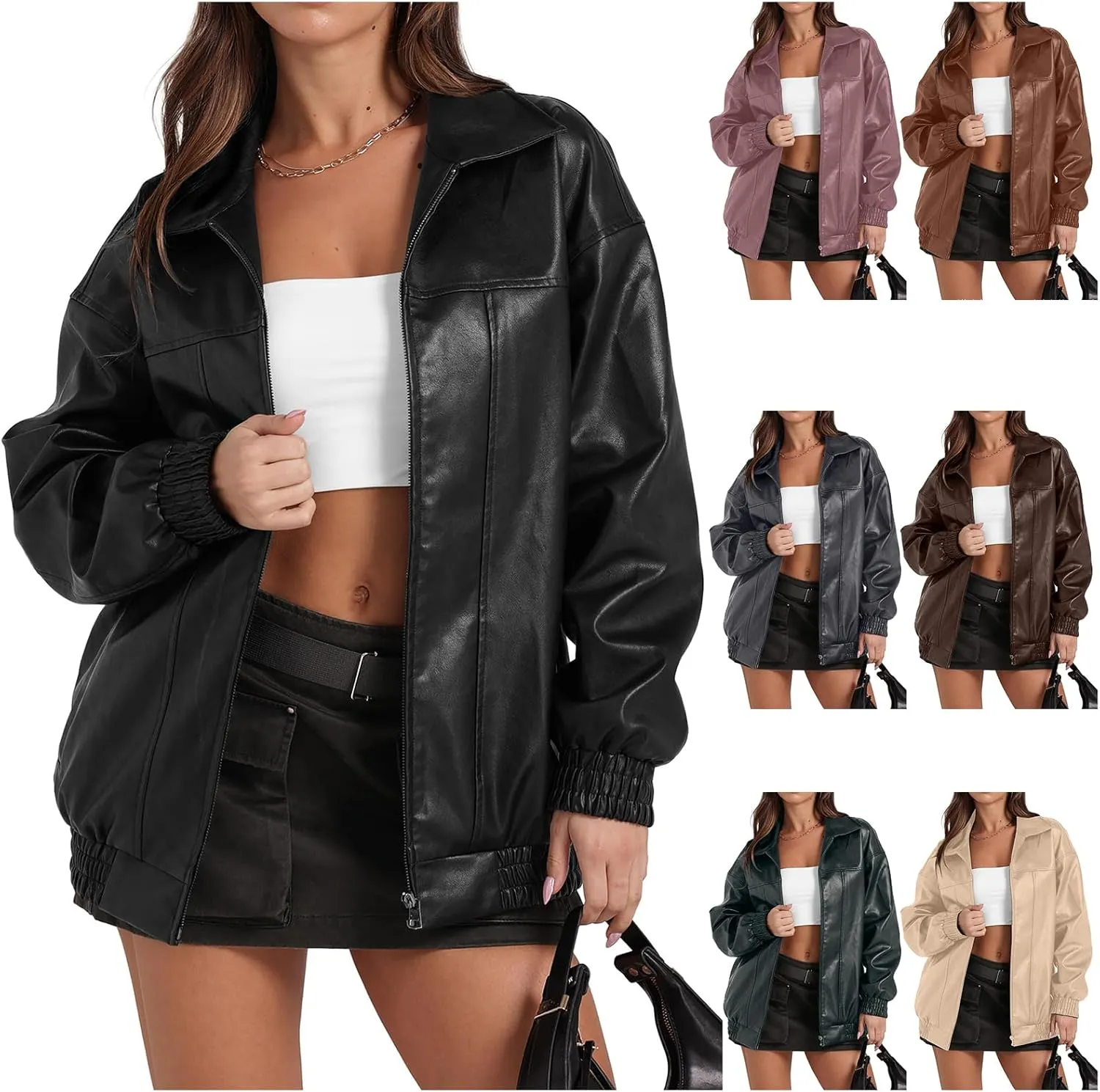 Womens Leather Jacket Oversized Leather Bomber Jackets Faux Suede Fall Fashion Motorcycle Coats Black Biker Outfits