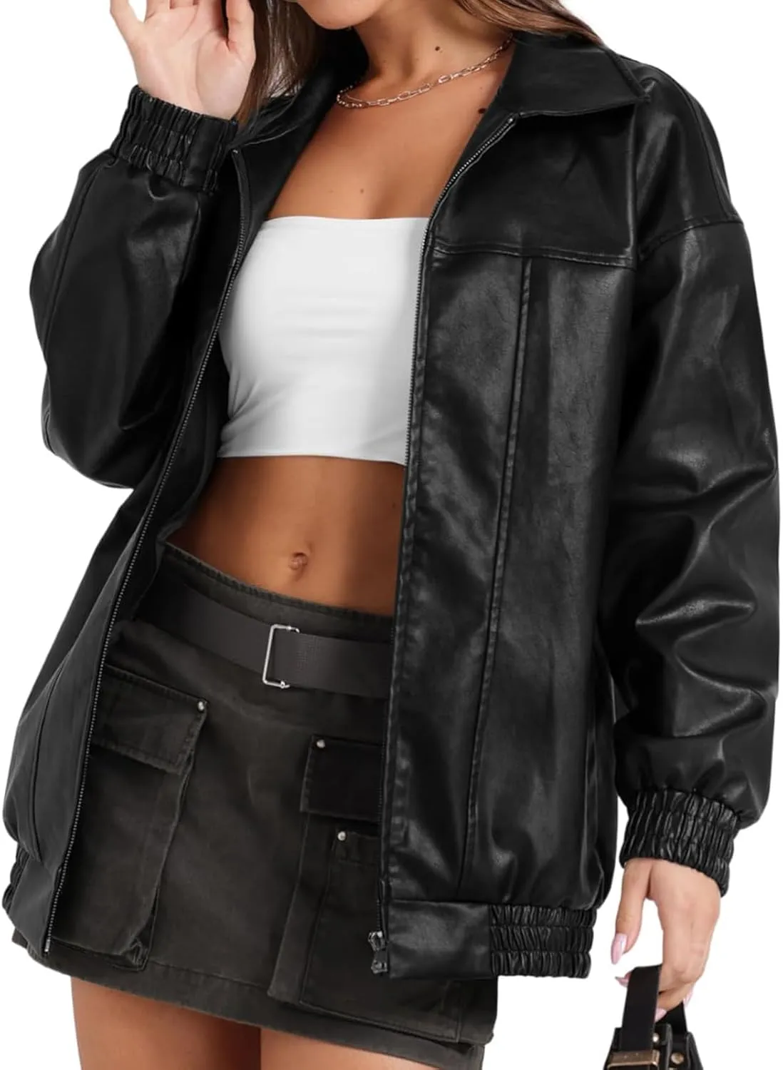 Womens Leather Jacket Oversized Leather Bomber Jackets Faux Suede Fall Fashion Motorcycle Coats Black Biker Outfits