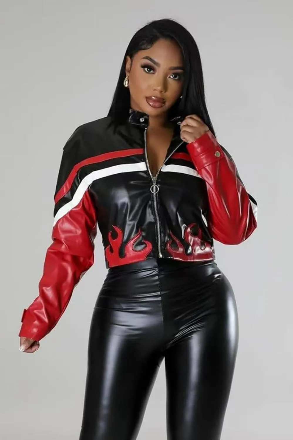 Women's Leather Motorcycle Cropped Zip Up Bomber Jacket Faux Leather 2025 S-XXL
