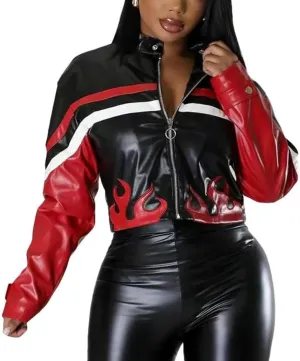 Women's Leather Motorcycle Cropped Zip Up Bomber Jacket Faux Leather 2025 S-XXL
