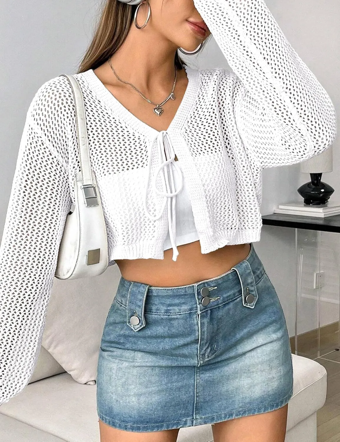 Womens Lightweight Crochet Cardigan Tie Front Shrugs Knit Crop Tops