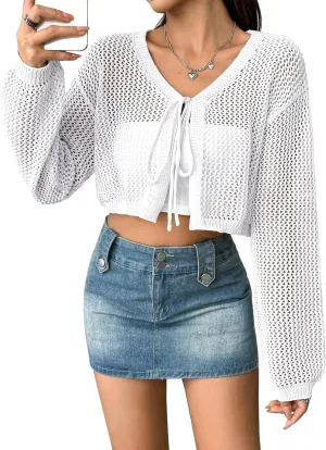 Womens Lightweight Crochet Cardigan Tie Front Shrugs Knit Crop Tops