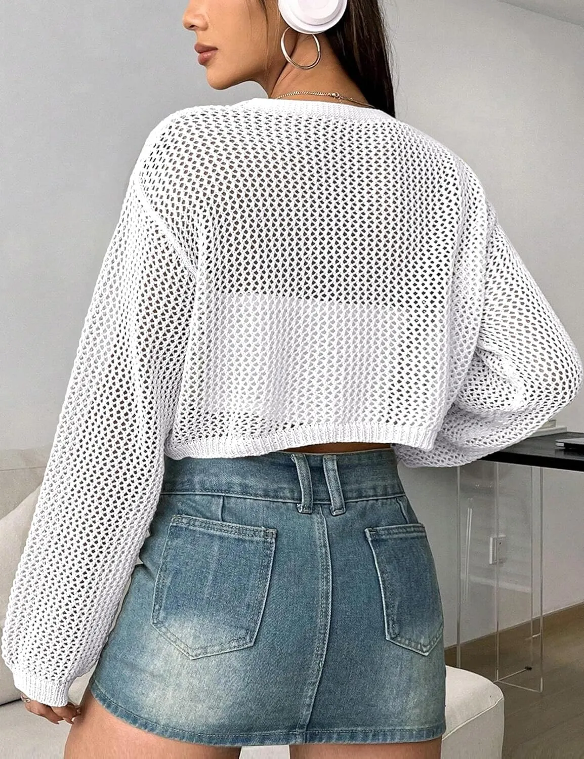 Womens Lightweight Crochet Cardigan Tie Front Shrugs Knit Crop Tops
