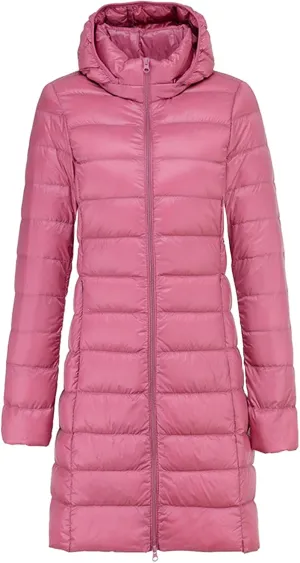 Womens Lightweight Long Puffer Jacket Water-Resistant Winter Coat Packable Hooded Long Padded Down Ccoat Outwear