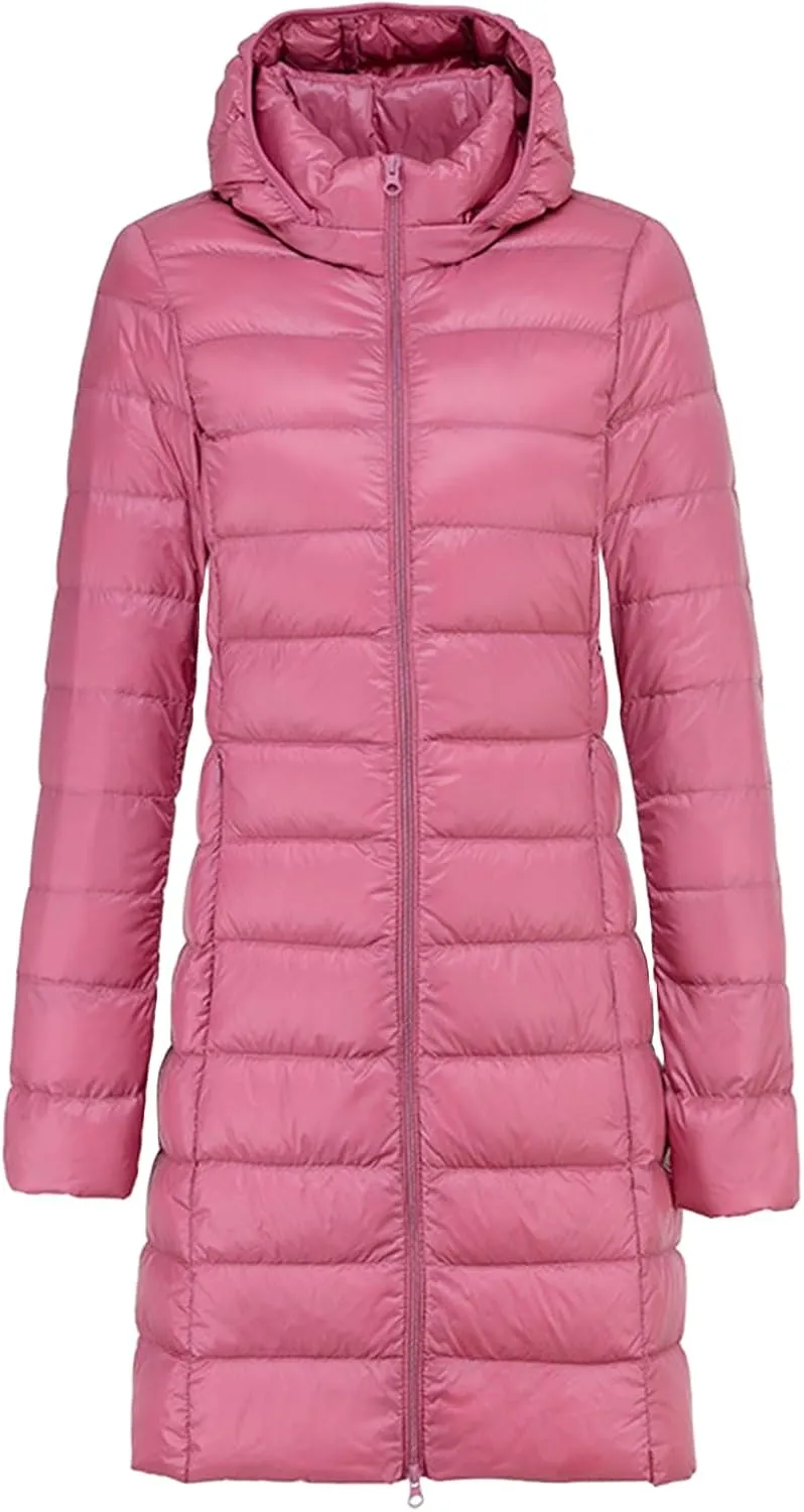 Womens Lightweight Long Puffer Jacket Water-Resistant Winter Coat Packable Hooded Long Padded Down Ccoat Outwear