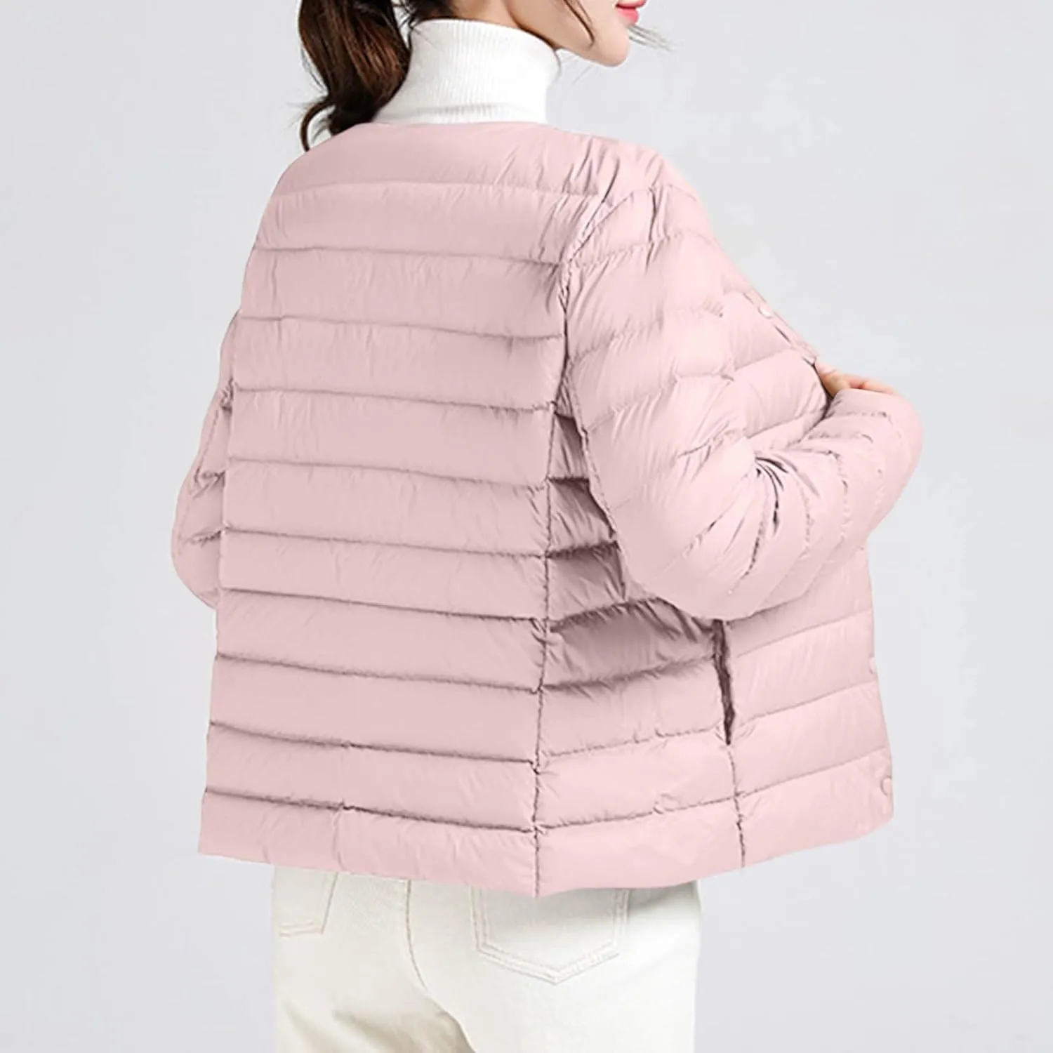 Womens Lightweight Quilted Puffer Jackets Collarless Snap Packable Short Down Jacket Winter Warm Down Coats Outwear