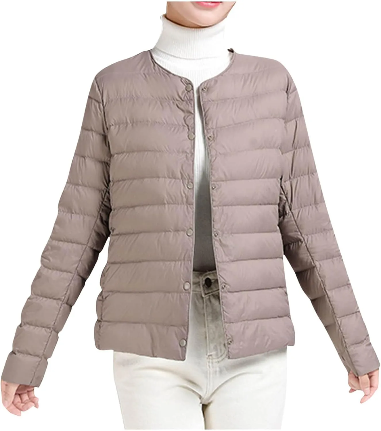 Womens Lightweight Quilted Puffer Jackets Collarless Snap Packable Short Down Jacket Winter Warm Down Coats Outwear