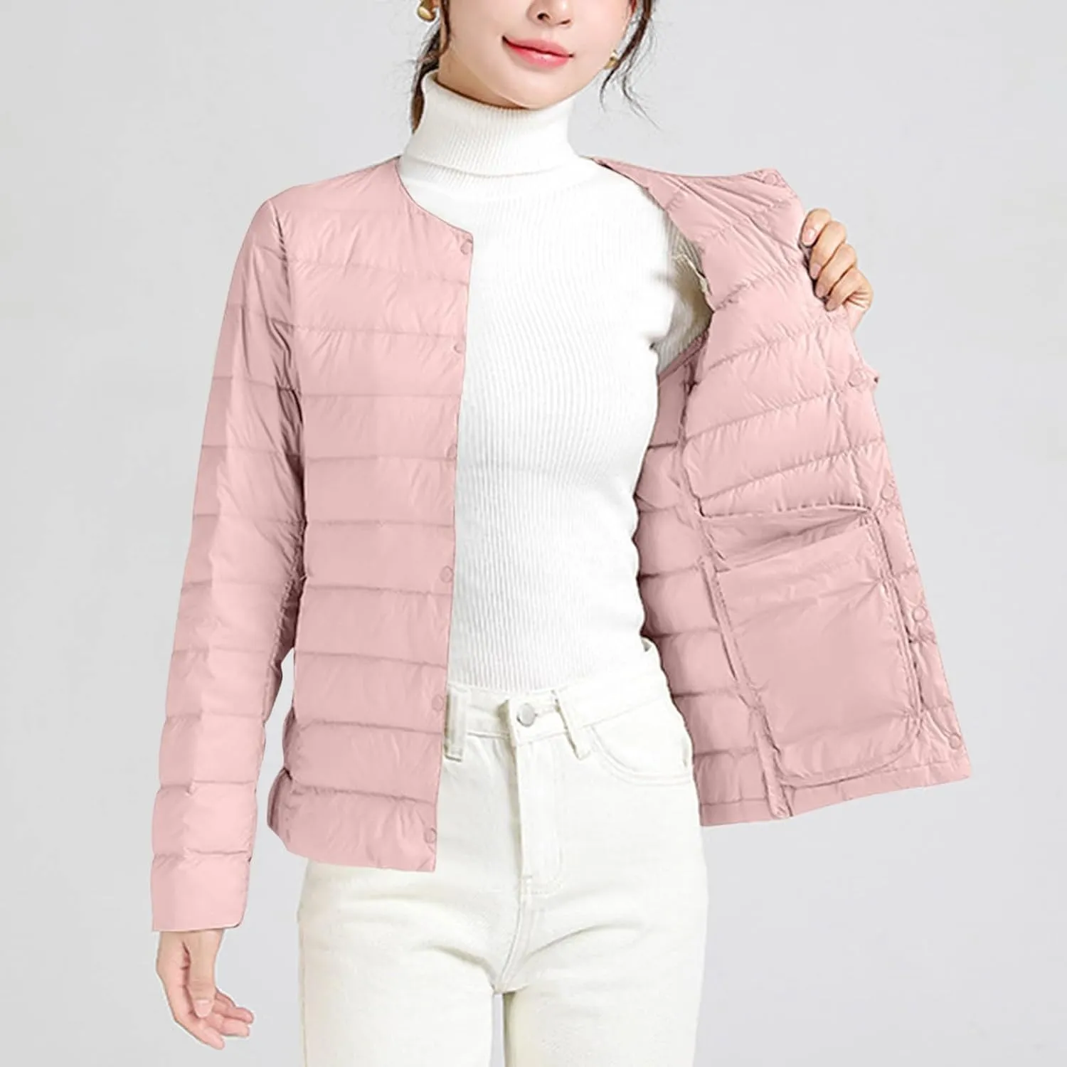Womens Lightweight Quilted Puffer Jackets Collarless Snap Packable Short Down Jacket Winter Warm Down Coats Outwear
