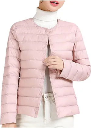 Womens Lightweight Quilted Puffer Jackets Collarless Snap Packable Short Down Jacket Winter Warm Down Coats Outwear