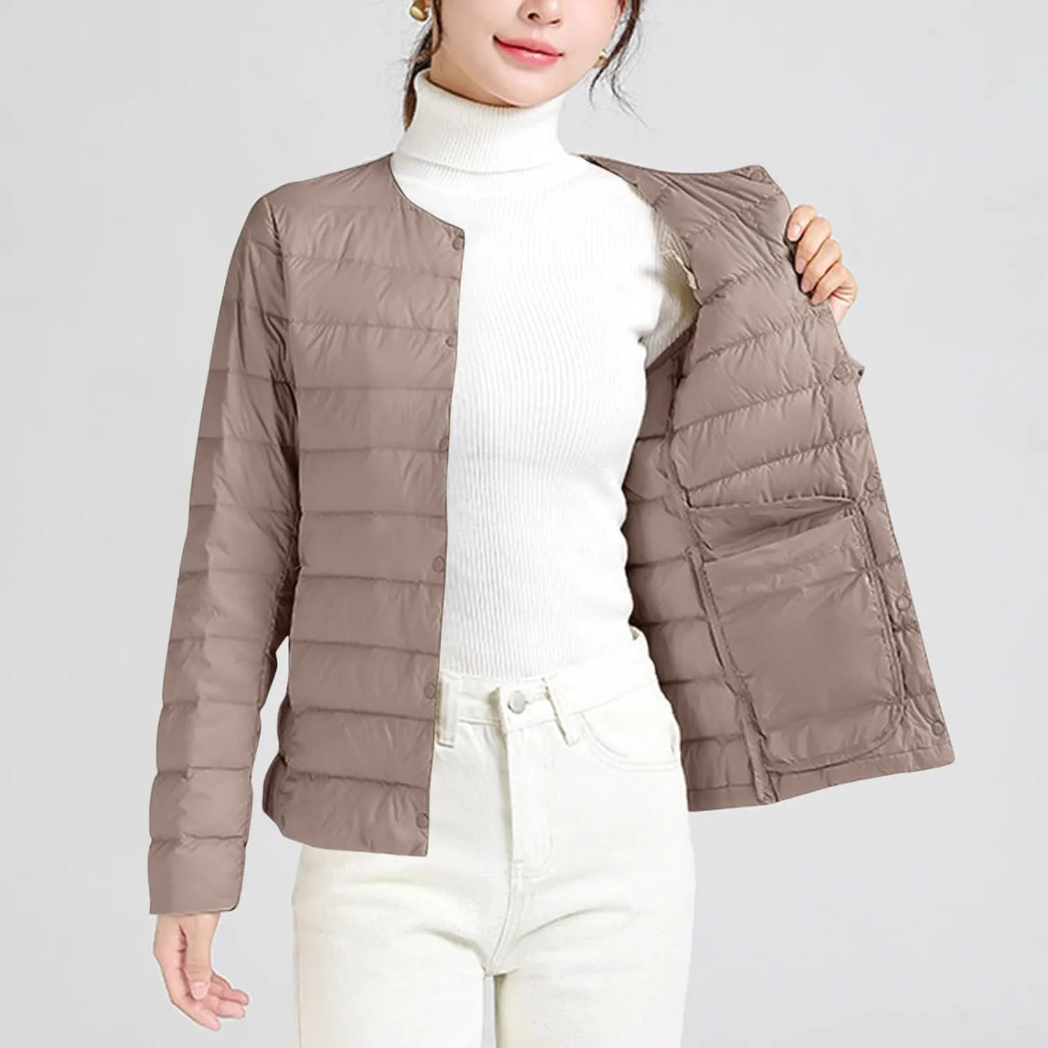 Womens Lightweight Quilted Puffer Jackets Collarless Snap Packable Short Down Jacket Winter Warm Down Coats Outwear