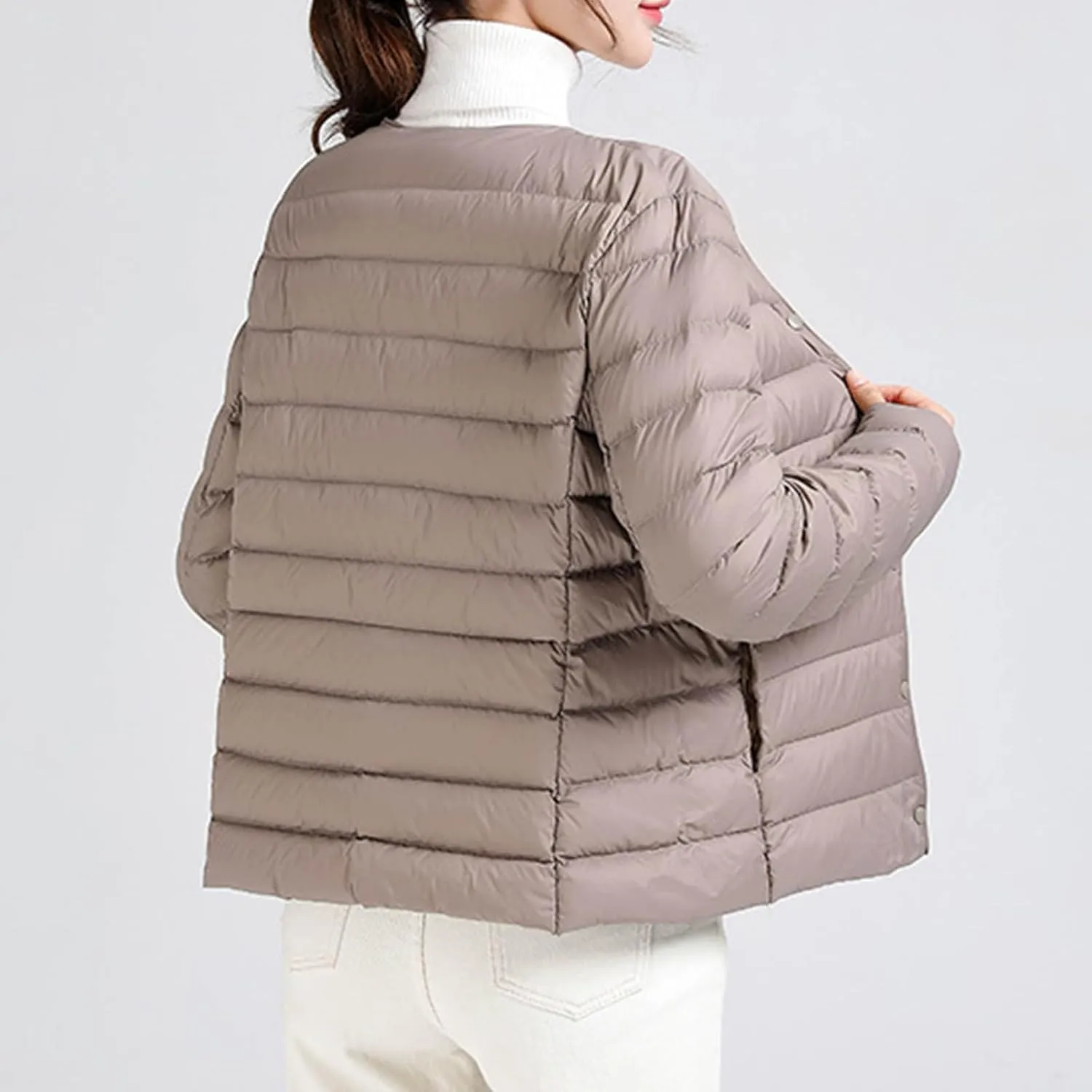 Womens Lightweight Quilted Puffer Jackets Collarless Snap Packable Short Down Jacket Winter Warm Down Coats Outwear