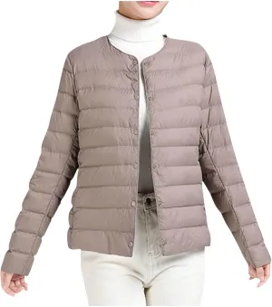 Womens Lightweight Quilted Puffer Jackets Collarless Snap Packable Short Down Jacket Winter Warm Down Coats Outwear