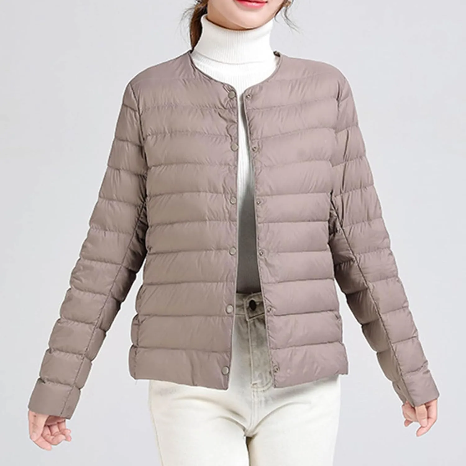 Womens Lightweight Quilted Puffer Jackets Collarless Snap Packable Short Down Jacket Winter Warm Down Coats Outwear