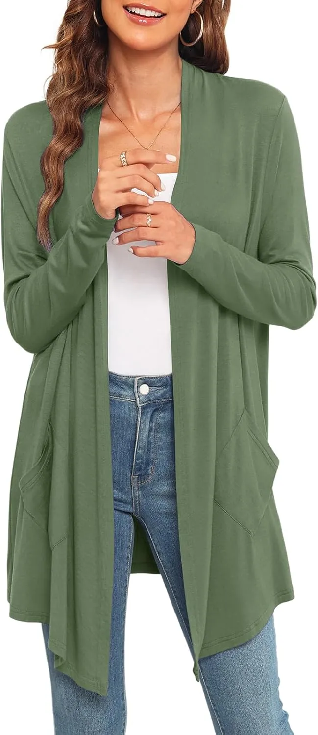 Womens Lightweight Summer Cardigan Casual Drape Soft Open Front Short Sleeve Cardigans with Pockets High Low Hem