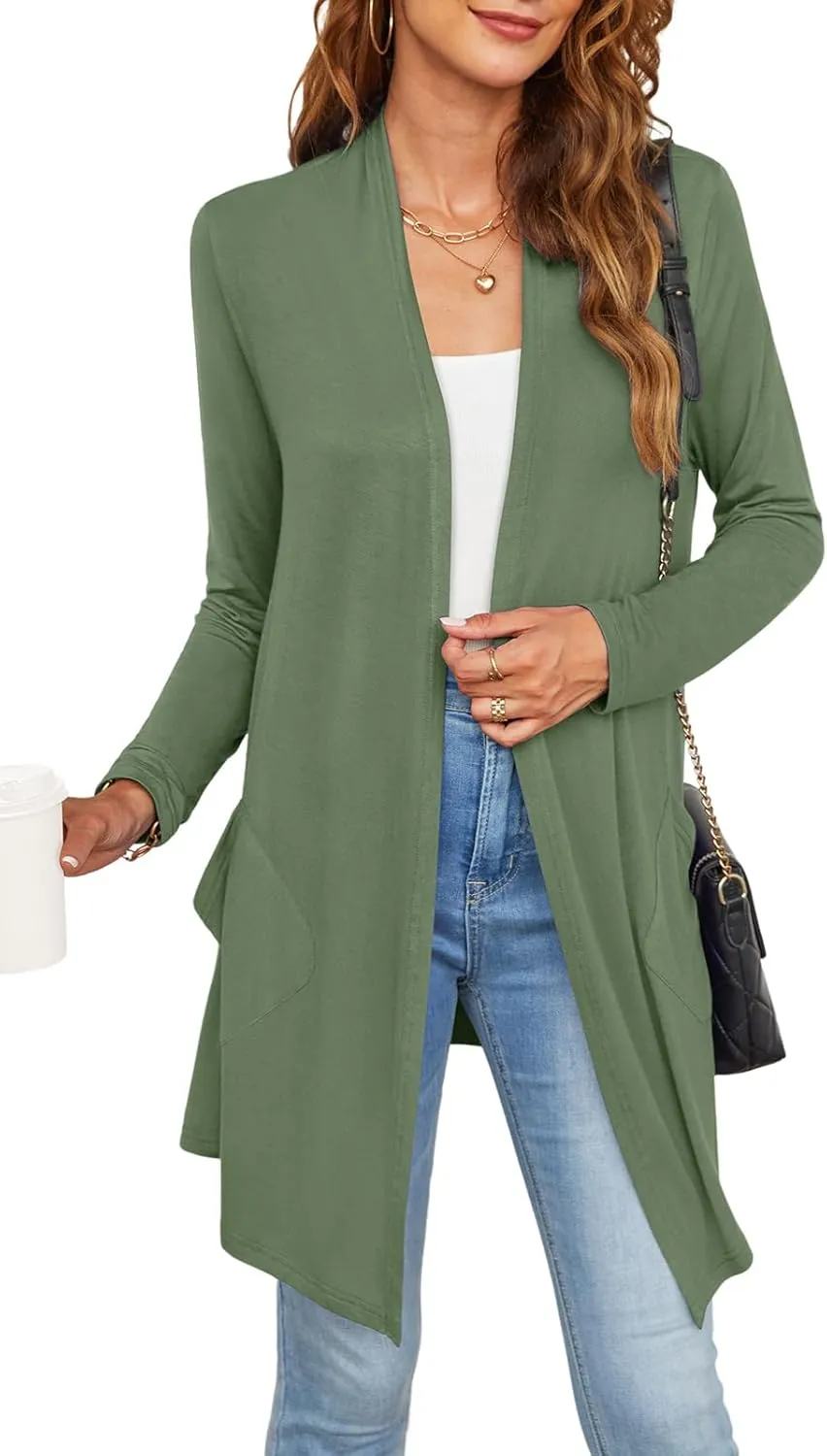 Womens Lightweight Summer Cardigan Casual Drape Soft Open Front Short Sleeve Cardigans with Pockets High Low Hem