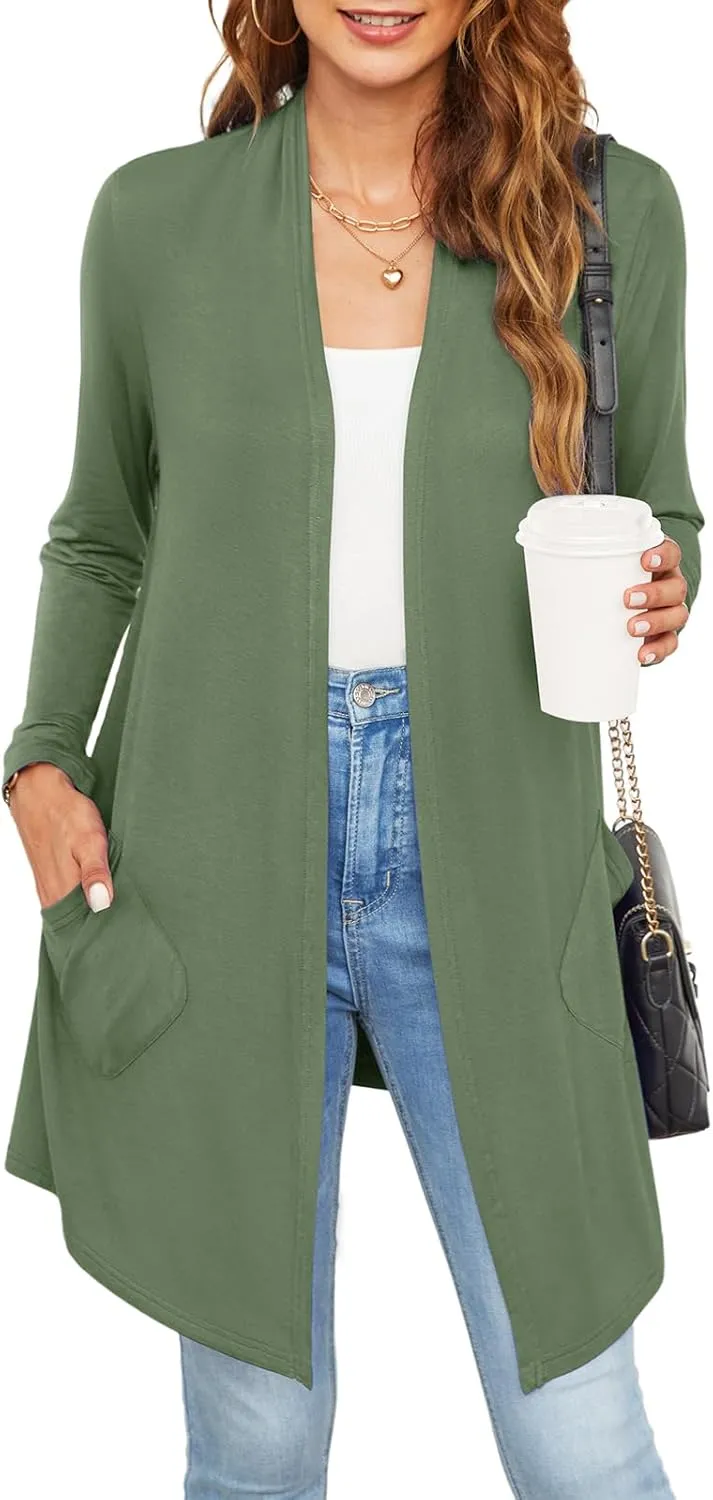 Womens Lightweight Summer Cardigan Casual Drape Soft Open Front Short Sleeve Cardigans with Pockets High Low Hem