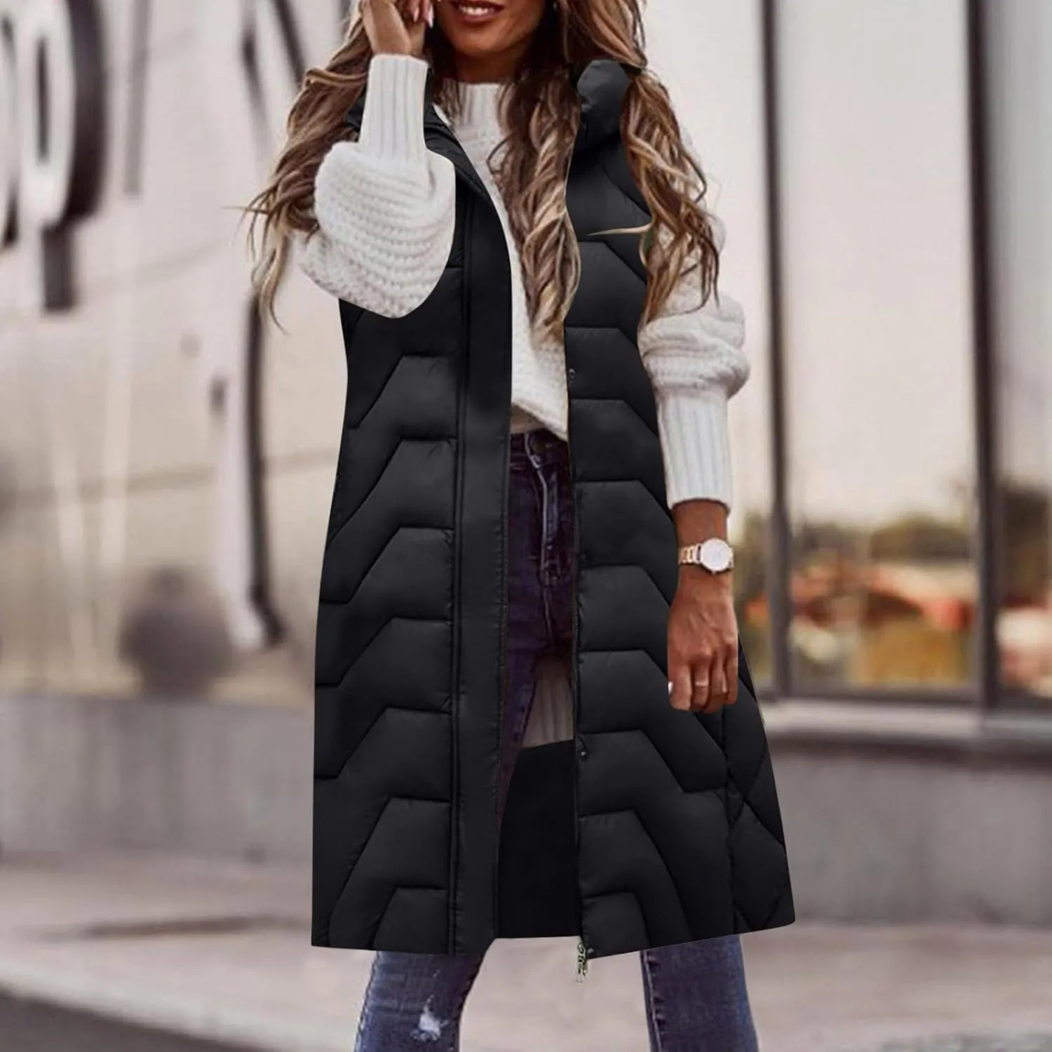 Womens Long Puffer Vest Winter Warm Sleeveless Thicken Cotton Padded Coat Zip Up Pockets Hooded Jacket Belt Down Gilet