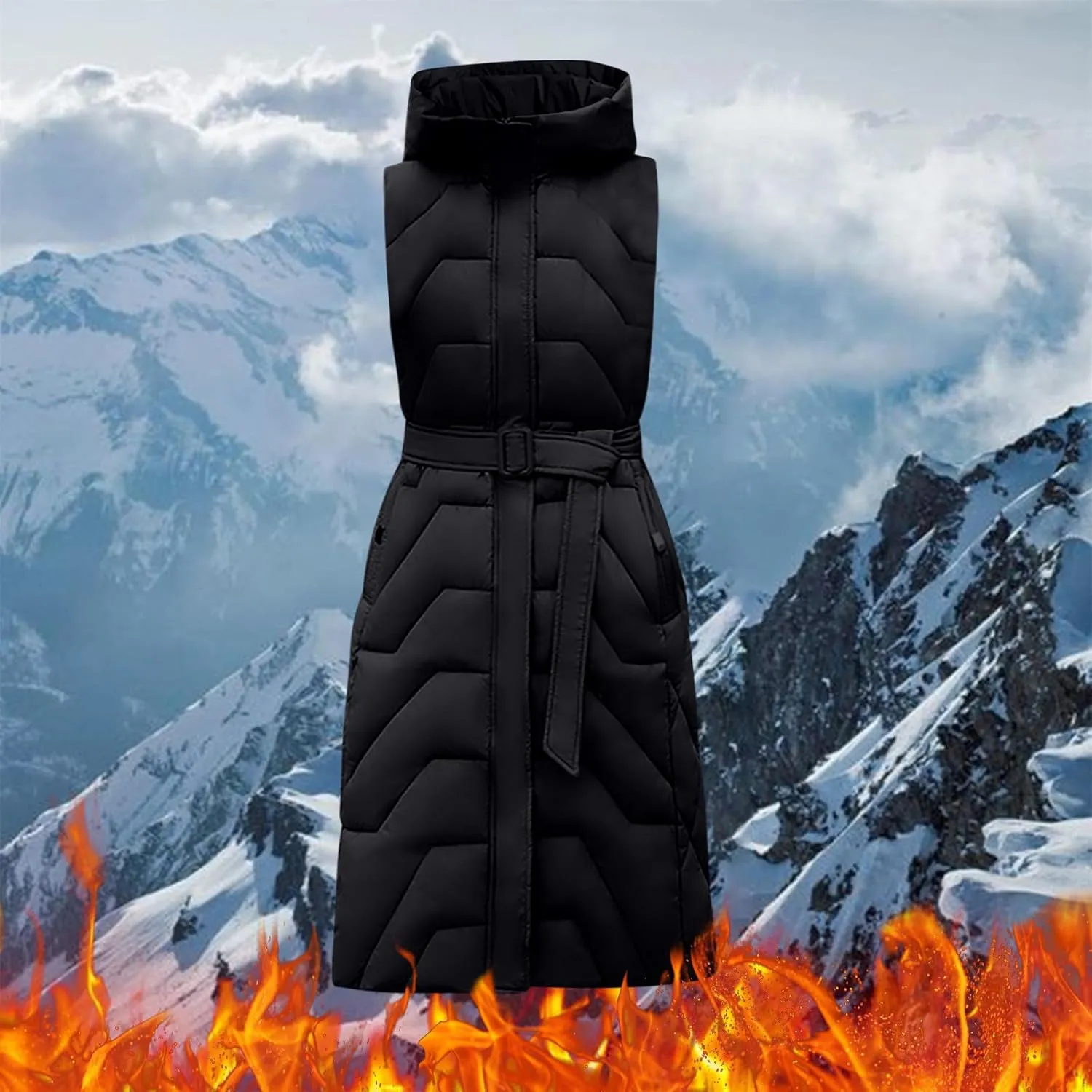 Womens Long Puffer Vest Winter Warm Sleeveless Thicken Cotton Padded Coat Zip Up Pockets Hooded Jacket Belt Down Gilet