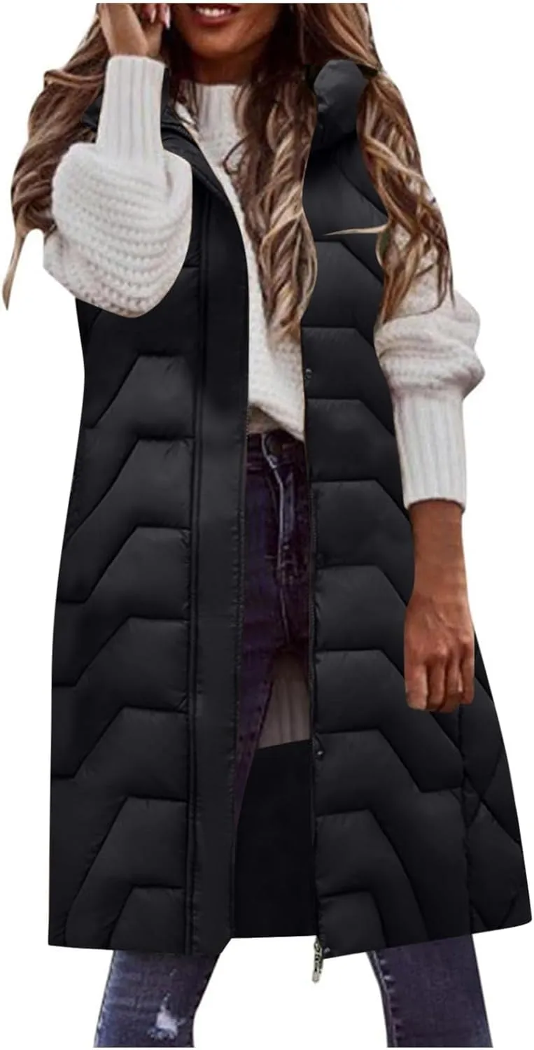 Womens Long Puffer Vest Winter Warm Sleeveless Thicken Cotton Padded Coat Zip Up Pockets Hooded Jacket Belt Down Gilet