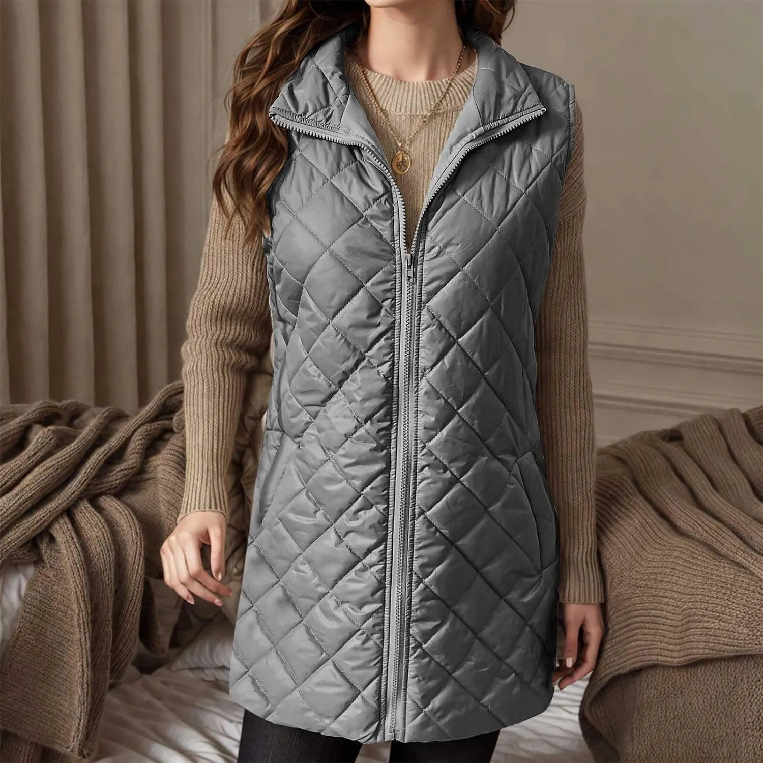 Womens Long Quilted Vest Sleeveless Pockets Full Zip Puff Vest Outerwear Cotton Padded Jacket Gilet Long Winter Coats