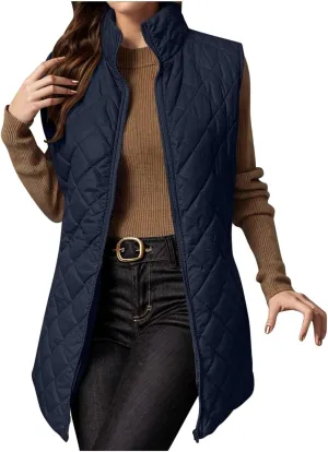 Womens Long Quilted Vest Sleeveless Pockets Full Zip Puff Vest Outerwear Cotton Padded Jacket Gilet Long Winter Coats