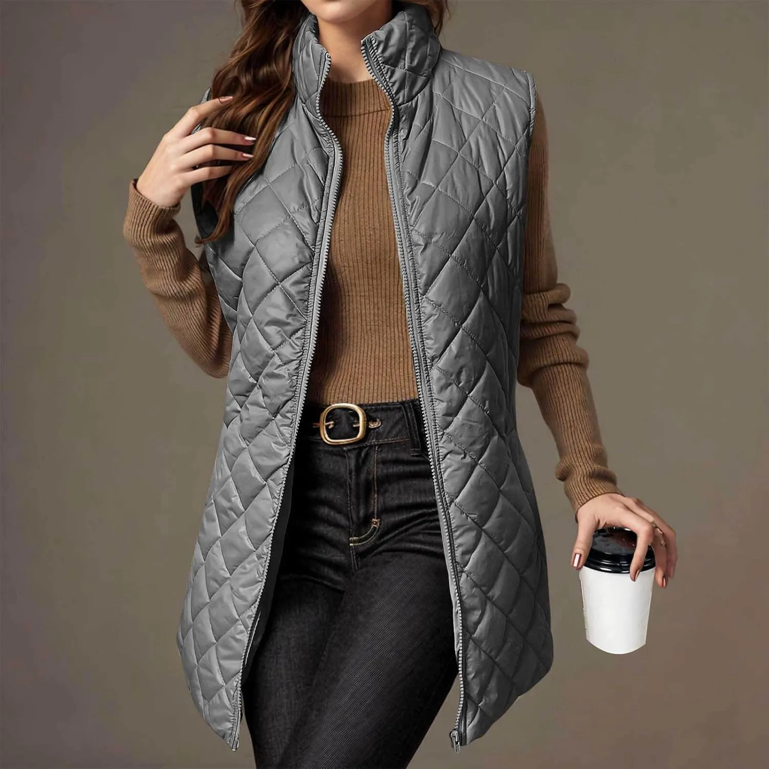Womens Long Quilted Vest Sleeveless Pockets Full Zip Puff Vest Outerwear Cotton Padded Jacket Gilet Long Winter Coats