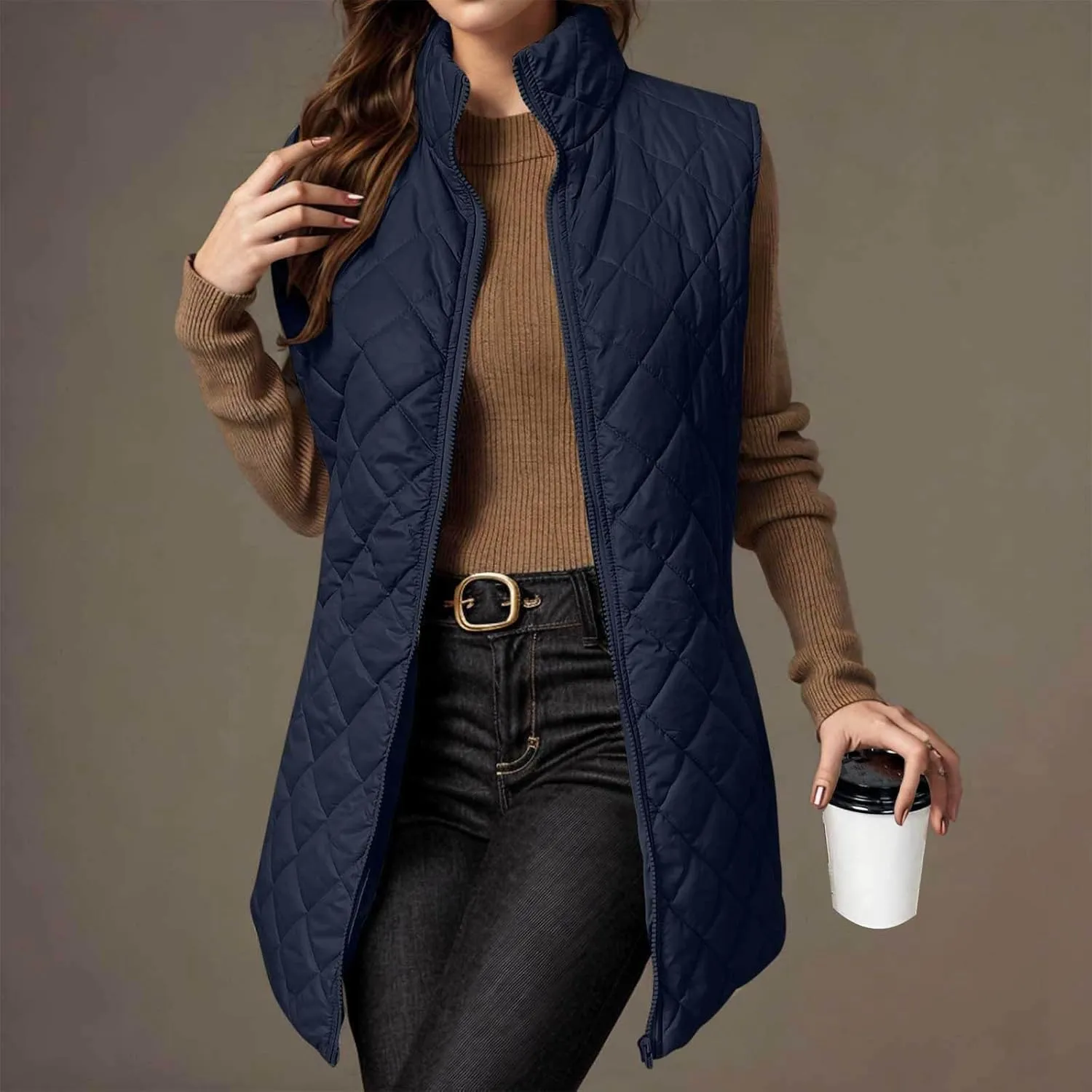 Womens Long Quilted Vest Sleeveless Pockets Full Zip Puff Vest Outerwear Cotton Padded Jacket Gilet Long Winter Coats