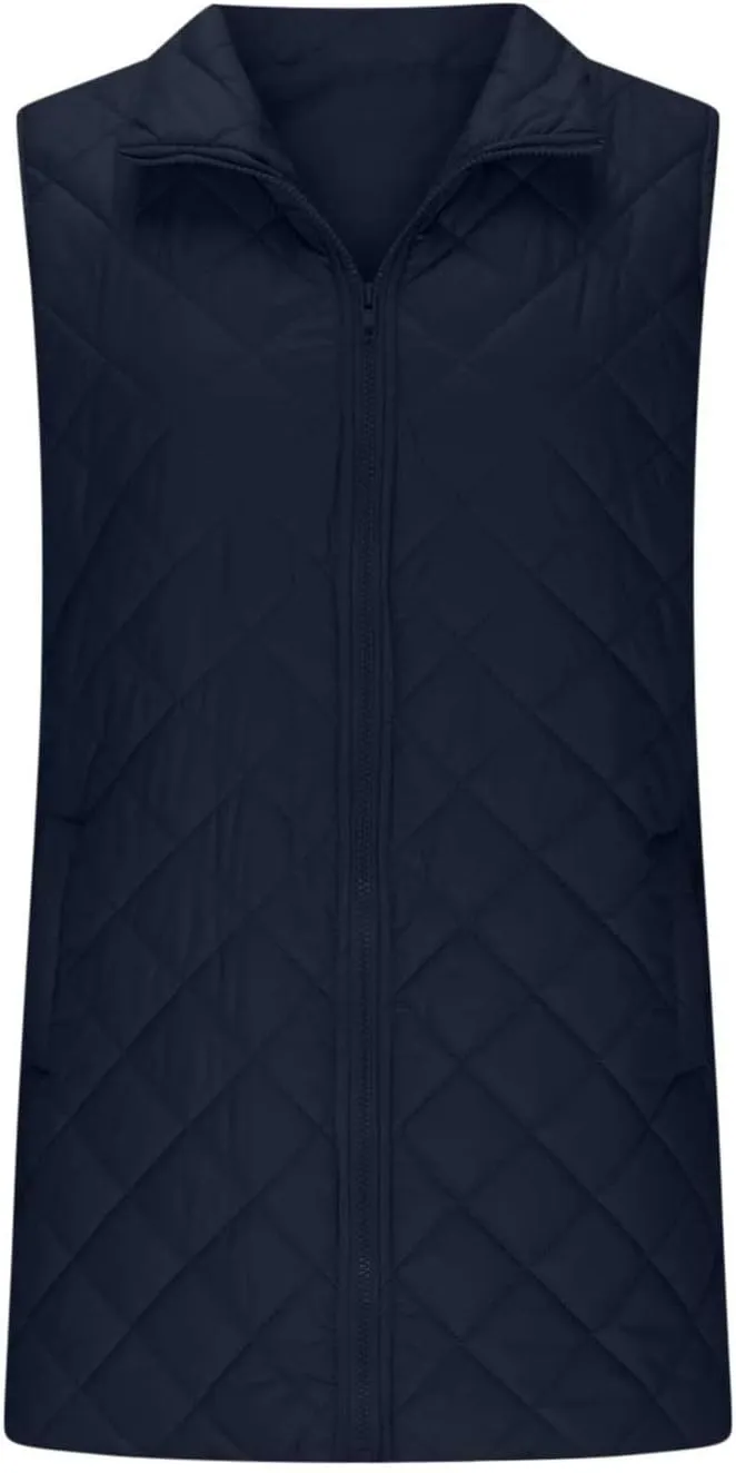 Womens Long Quilted Vest Sleeveless Pockets Full Zip Puff Vest Outerwear Cotton Padded Jacket Gilet Long Winter Coats