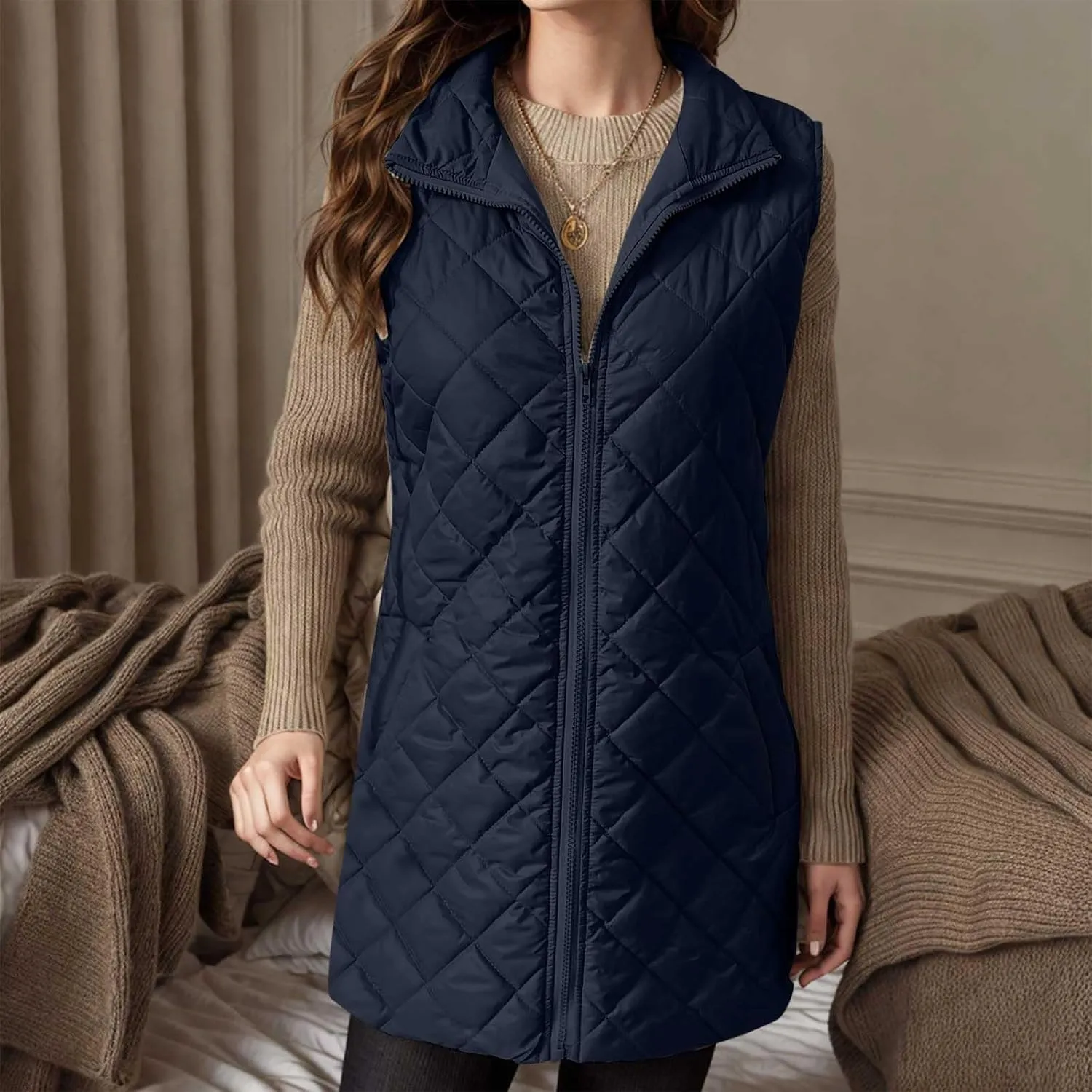 Womens Long Quilted Vest Sleeveless Pockets Full Zip Puff Vest Outerwear Cotton Padded Jacket Gilet Long Winter Coats