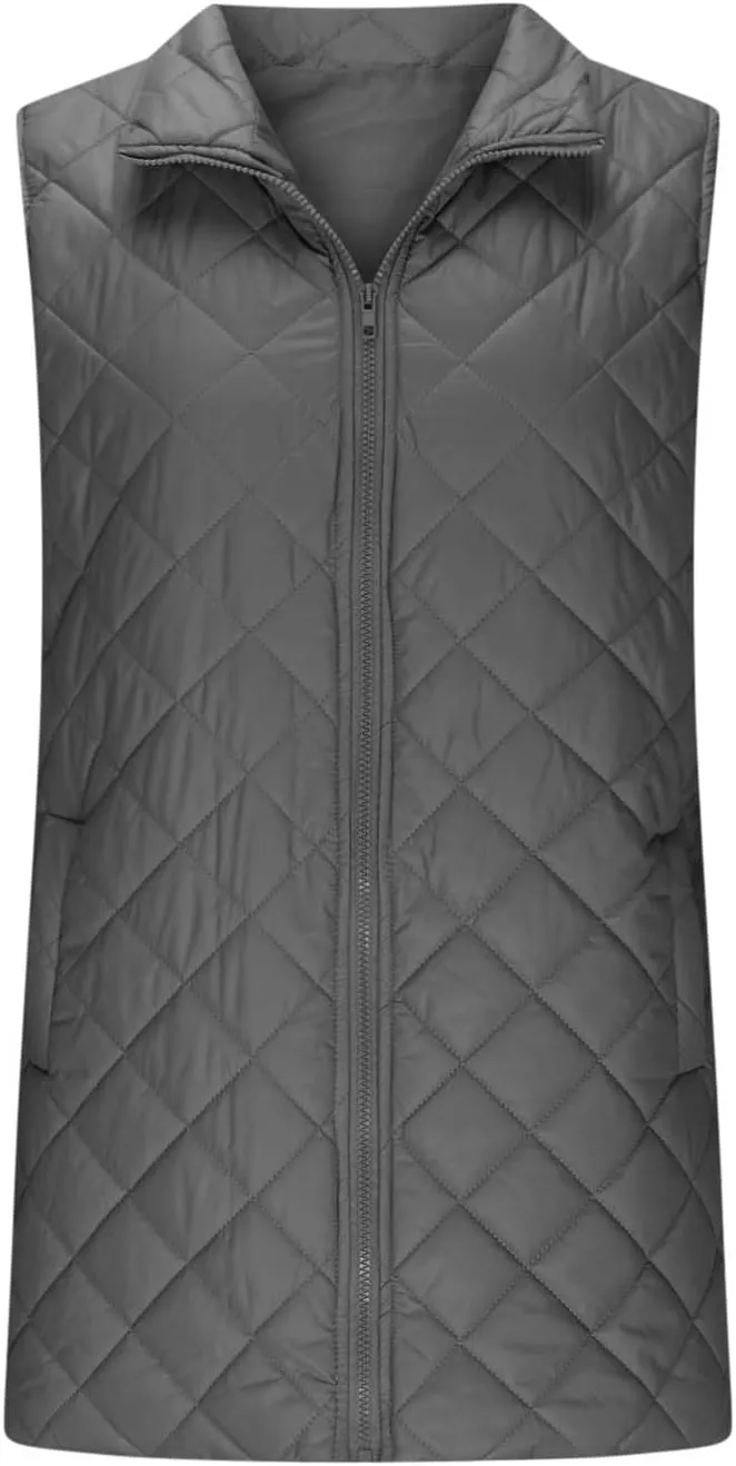 Womens Long Quilted Vest Sleeveless Pockets Full Zip Puff Vest Outerwear Cotton Padded Jacket Gilet Long Winter Coats