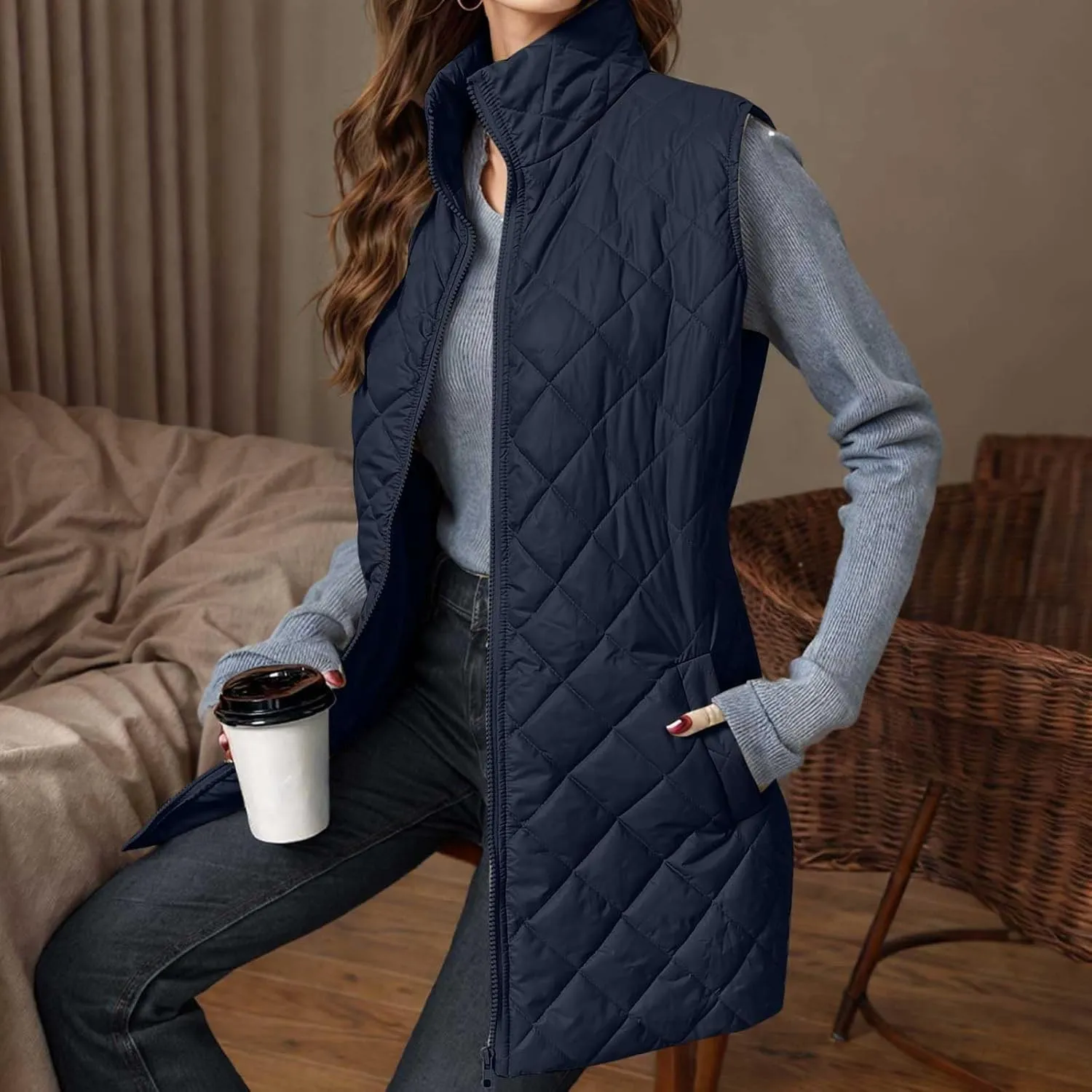 Womens Long Quilted Vest Sleeveless Pockets Full Zip Puff Vest Outerwear Cotton Padded Jacket Gilet Long Winter Coats