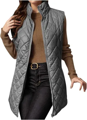 Womens Long Quilted Vest Sleeveless Pockets Full Zip Puff Vest Outerwear Cotton Padded Jacket Gilet Long Winter Coats