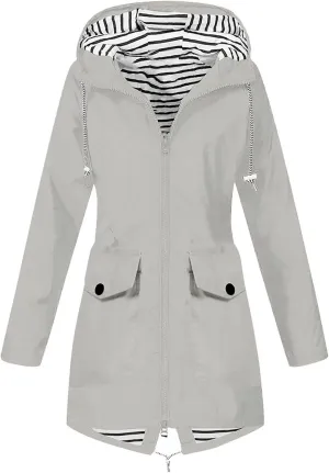 Womens Long Rain Jacket Lightweight Waterproof Windproof Rain Coat Drawstring Zip Up Windbreaker Outdoor Trench Coat