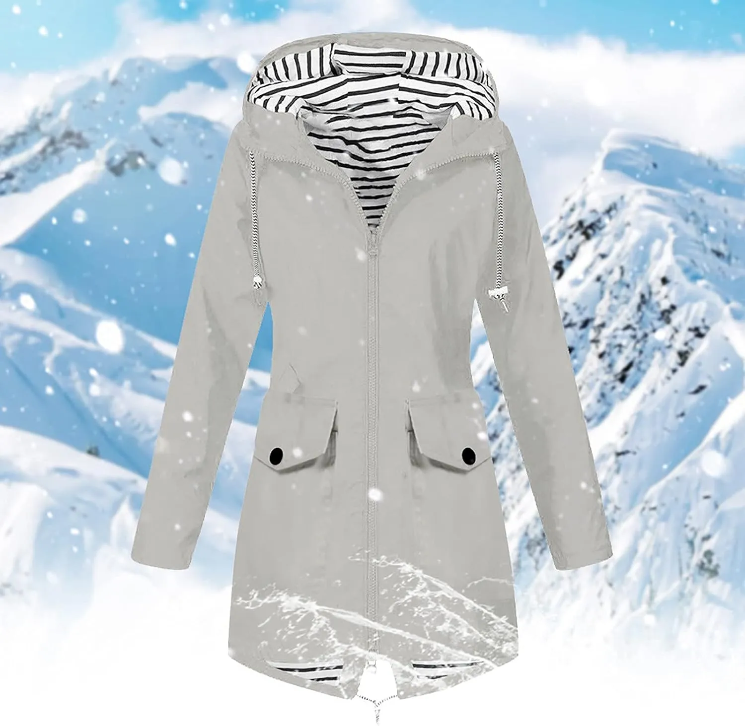 Womens Long Rain Jacket Lightweight Waterproof Windproof Rain Coat Drawstring Zip Up Windbreaker Outdoor Trench Coat