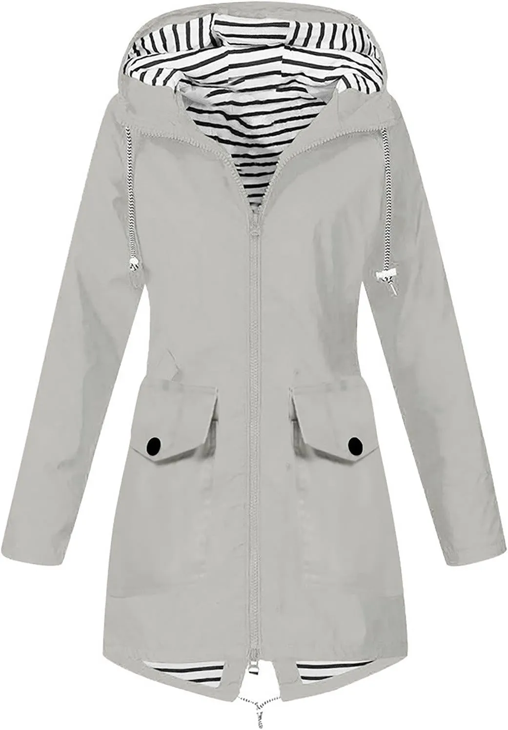 Womens Long Rain Jacket Lightweight Waterproof Windproof Rain Coat Drawstring Zip Up Windbreaker Outdoor Trench Coat