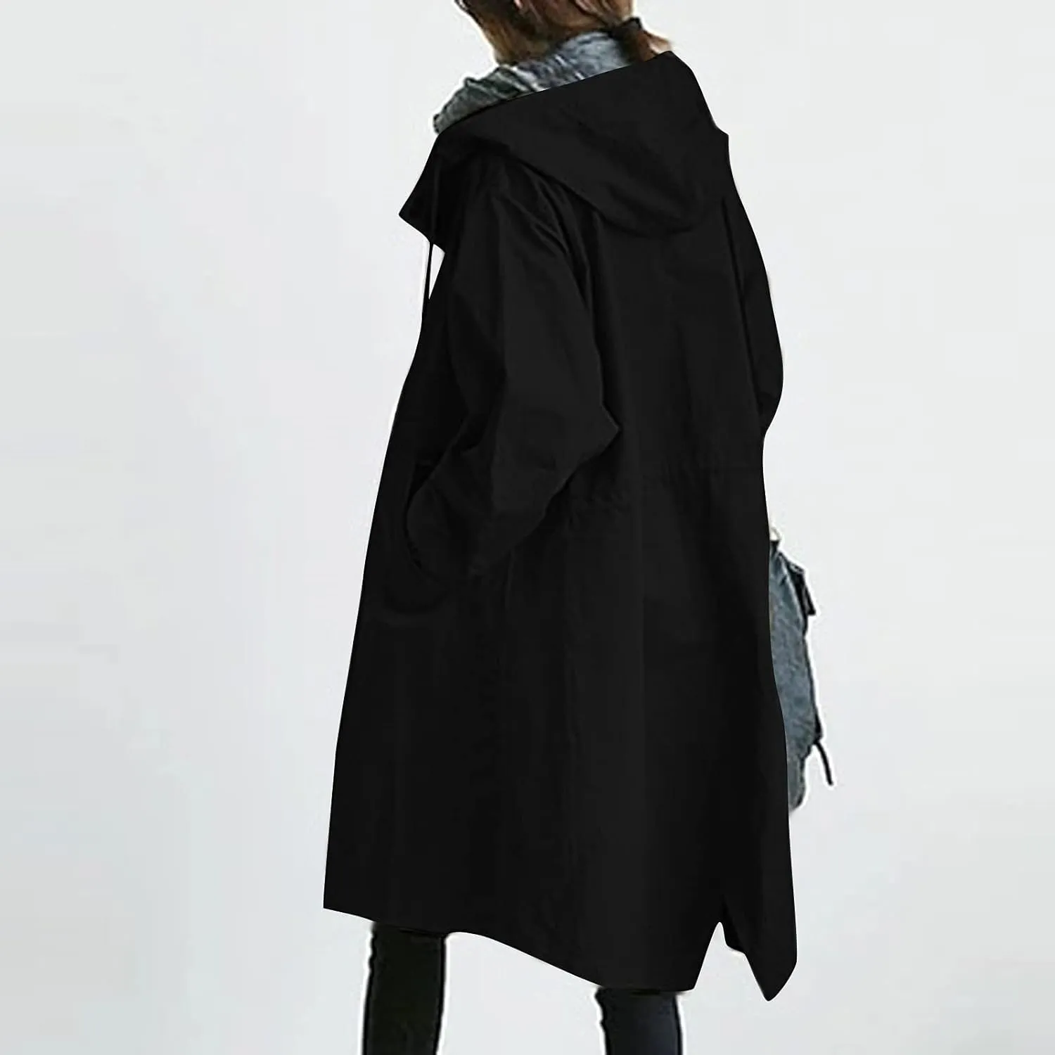 Womens Long Trench Coat Fall/Winter Loose Rain Jackets Plus Size Outdoor Hooded Windbreaker Overcoat with Pockets