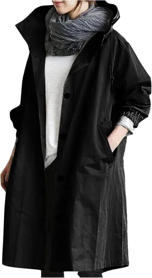 Womens Long Trench Coat Fall/Winter Loose Rain Jackets Plus Size Outdoor Hooded Windbreaker Overcoat with Pockets