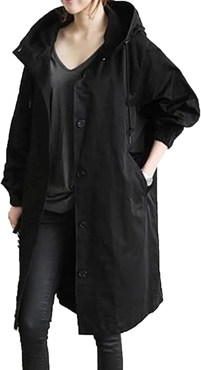 Womens Long Trench Coat Fall/Winter Loose Rain Jackets Plus Size Outdoor Hooded Windbreaker Overcoat with Pockets